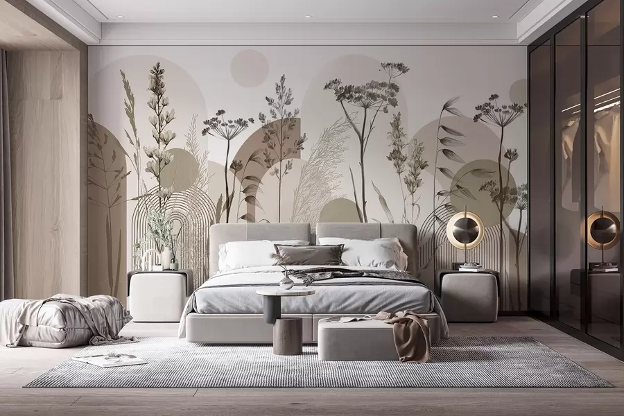 murais de parede Uma coleção de plantas e flores em tons neutros sobre um fundo de arco abstrato em tons suaves de bege e castanho w08665