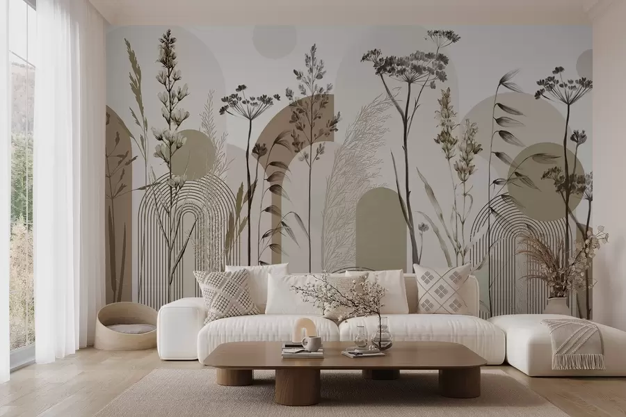 murais de parede Uma coleção de plantas e flores em tons neutros sobre um fundo de arco abstrato em tons suaves de bege e castanho w08665