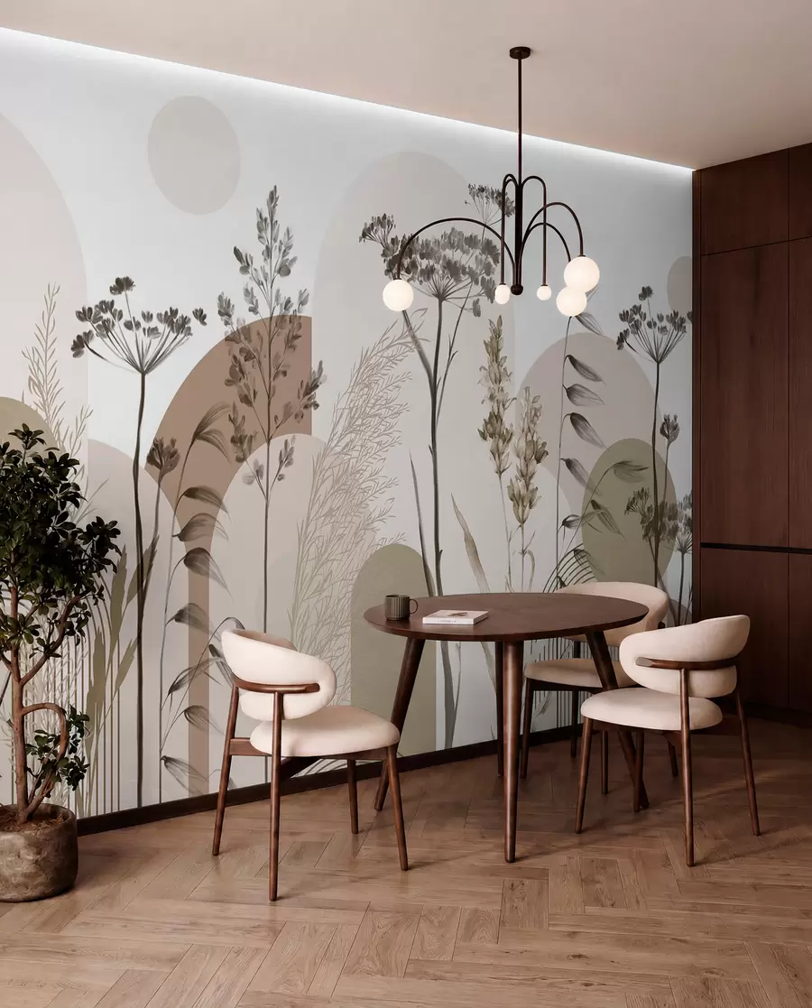 murales Colección de plantas y flores en tonos neutros sobre fondo de arco abstracto en suaves tonos beige y marrón w08665