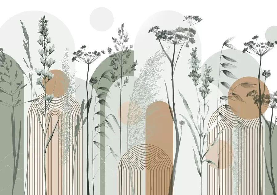 peintures murales Collection de plantes et de fleurs dans des tons neutres sur un fond d'arche abstrait dans des teintes vertes et orangées w08665v1