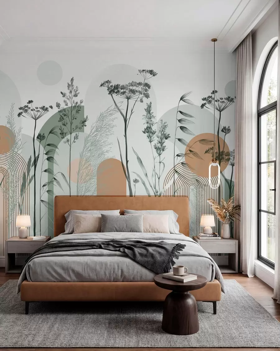 wall murals A collection of plants and flowers in neutral tones on abstract arch background in soft green and orange hues w08665v1