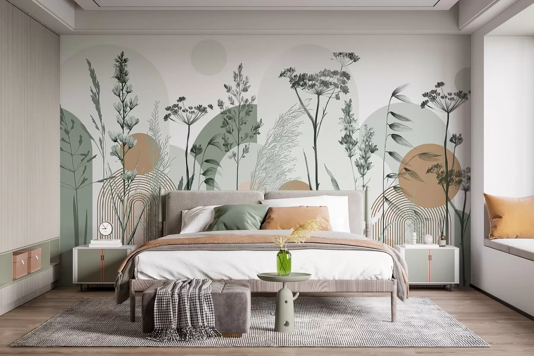 peintures murales Collection de plantes et de fleurs dans des tons neutres sur un fond d'arche abstrait dans des teintes vertes et orangées w08665v1