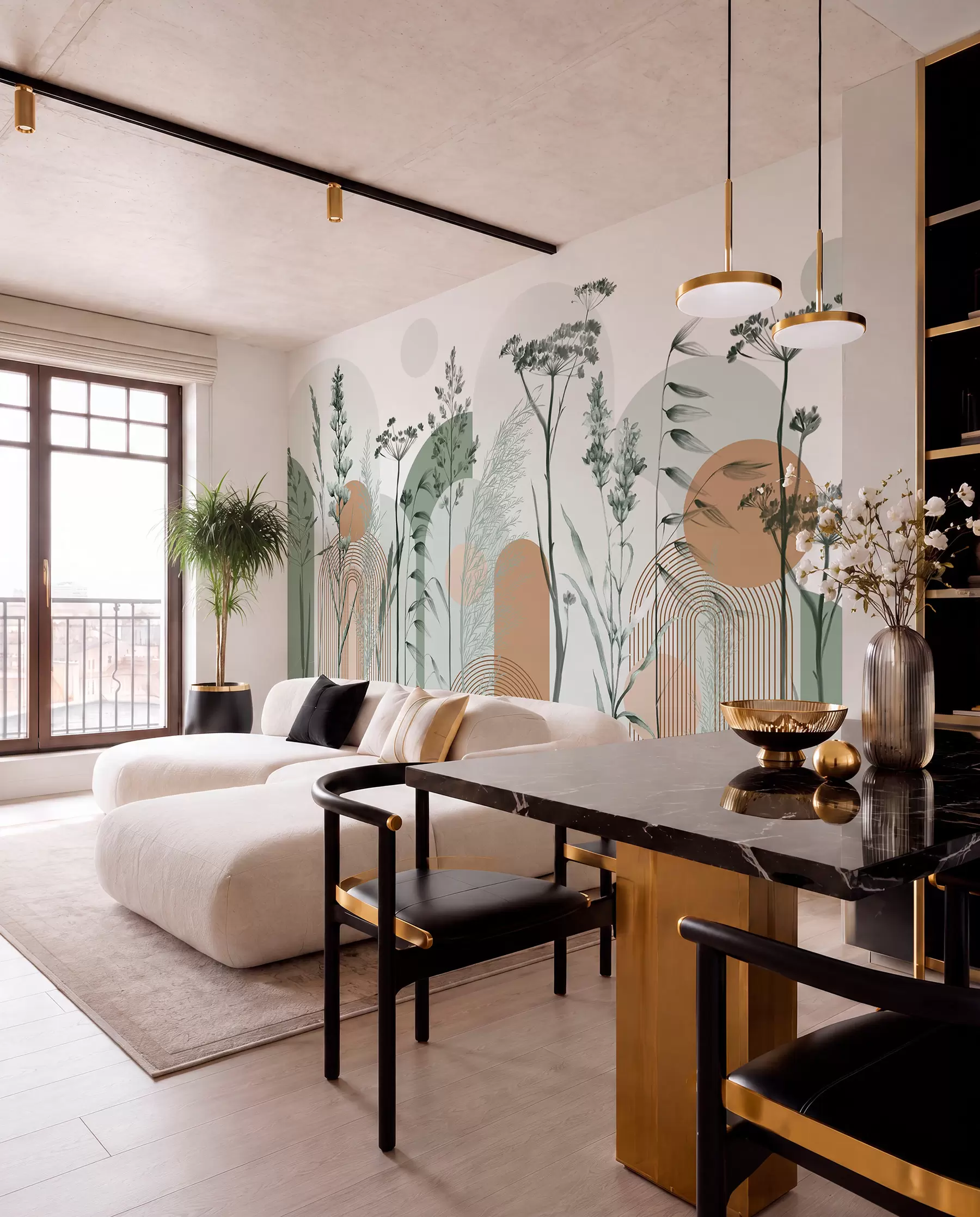 wall murals A collection of plants and flowers in neutral tones on abstract arch background in soft green and orange hues w08665v1