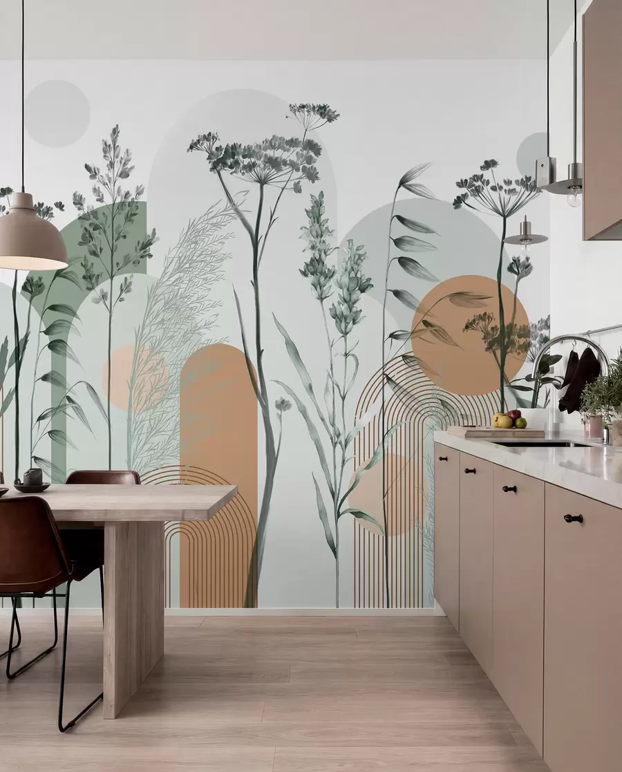 peintures murales Collection de plantes et de fleurs dans des tons neutres sur un fond d'arche abstrait dans des teintes vertes et orangées w08665v1