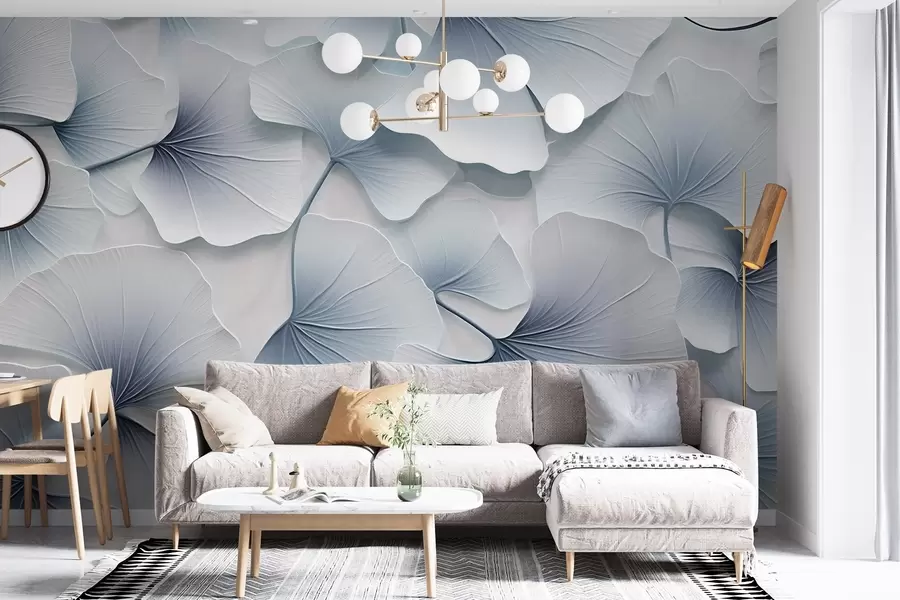 Wall Mural Photo Wallpaper Light blue ginkgo leaves with soft gradients and delicate veins, overlapping each other  w08666
