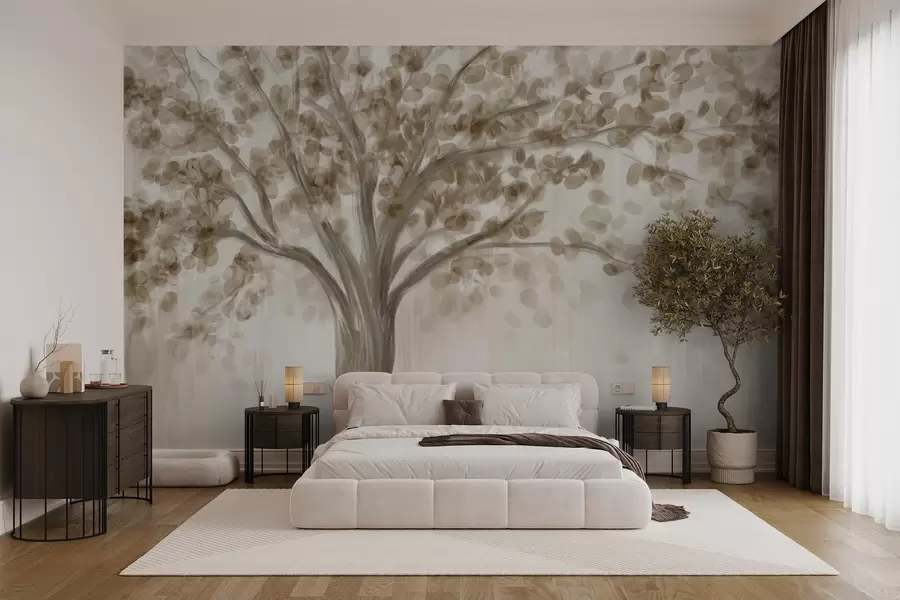 Wall Mural Photo Wallpaper A large tree with soft, abstract leaves in beige on a light, neutral background enhancing the tree's tones  w08669