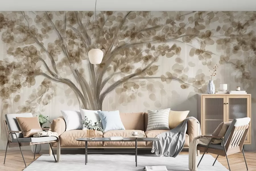 wall murals A large tree with soft, abstract leaves in beige on a light, neutral background enhancing the tree's tones w08669