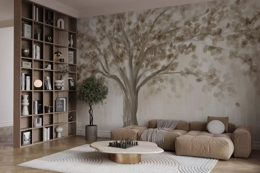 wall murals A large tree with soft, abstract leaves in beige on a light, neutral background enhancing the tree's tones w08669