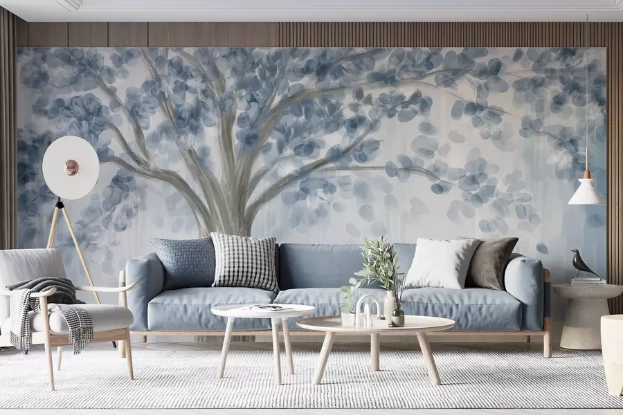 Wall Mural Photo Wallpaper A large tree with soft, abstract leaves in blue on a light, neutral background enhancing the tree's tones  w08669v1