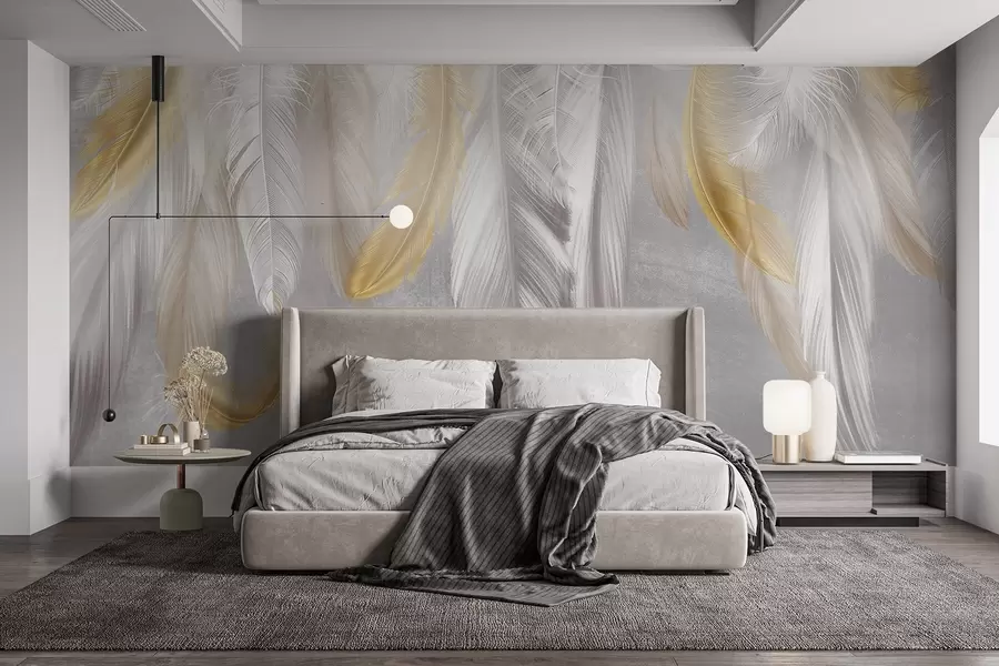 Wall Mural Photo Wallpaper White and yellow feathers hanging against a soft gray background, creating a delicate and airy composition w08670