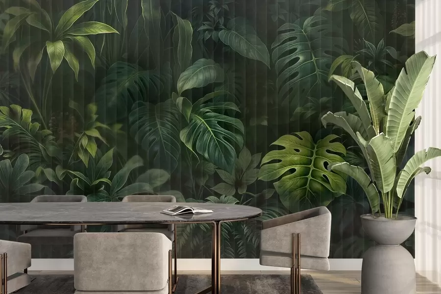 Wall Mural Photo Wallpaper Tropical dark blurred and textured print with various green leaves, including monstera and palm leaves w08673