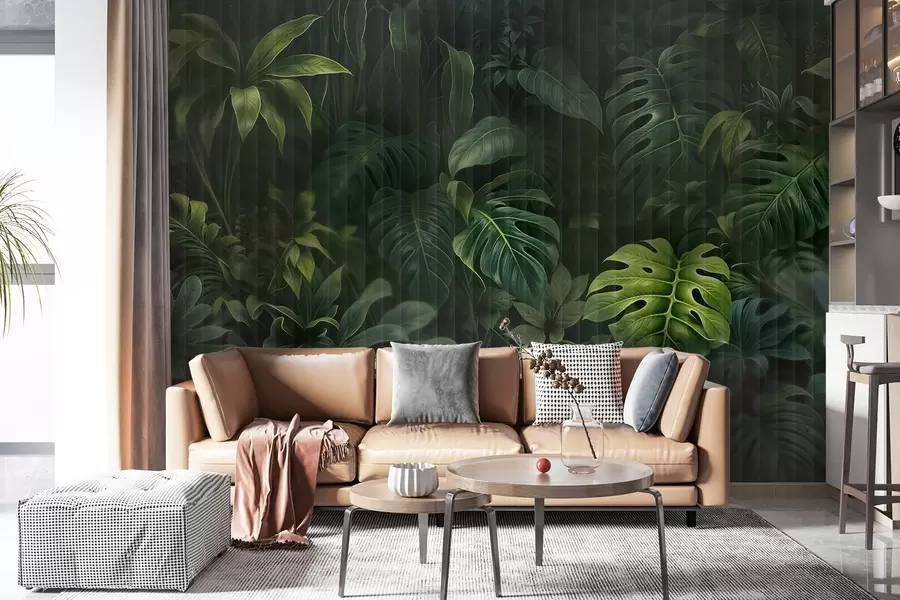 murales Estampado tropical oscuro difuminado y texturizado con varias hojas verdes, incluidas hojas de monstera y de palmera w08673
