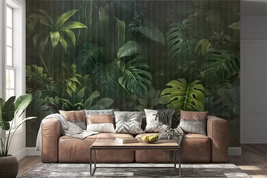 Wall Mural Photo Wallpaper Tropical dark blurred and textured print with various green leaves, including monstera and palm leaves w08673