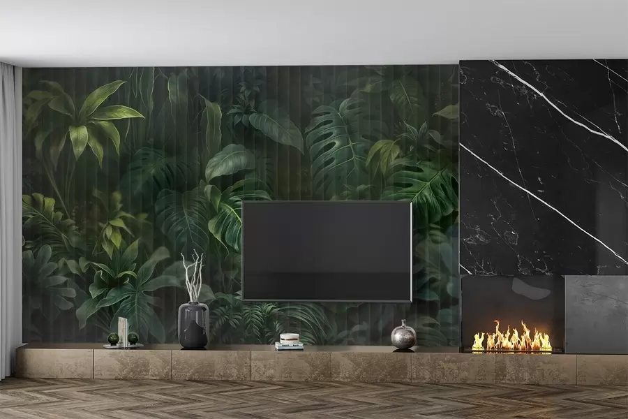 Wall Mural Photo Wallpaper Tropical dark blurred and textured print with various green leaves, including monstera and palm leaves w08673