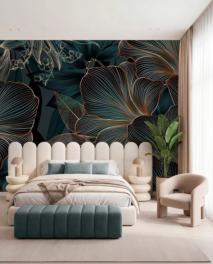 wall murals Stylized flowers and leaves with intricate line work in shades of teal and yellow on dark background w08675