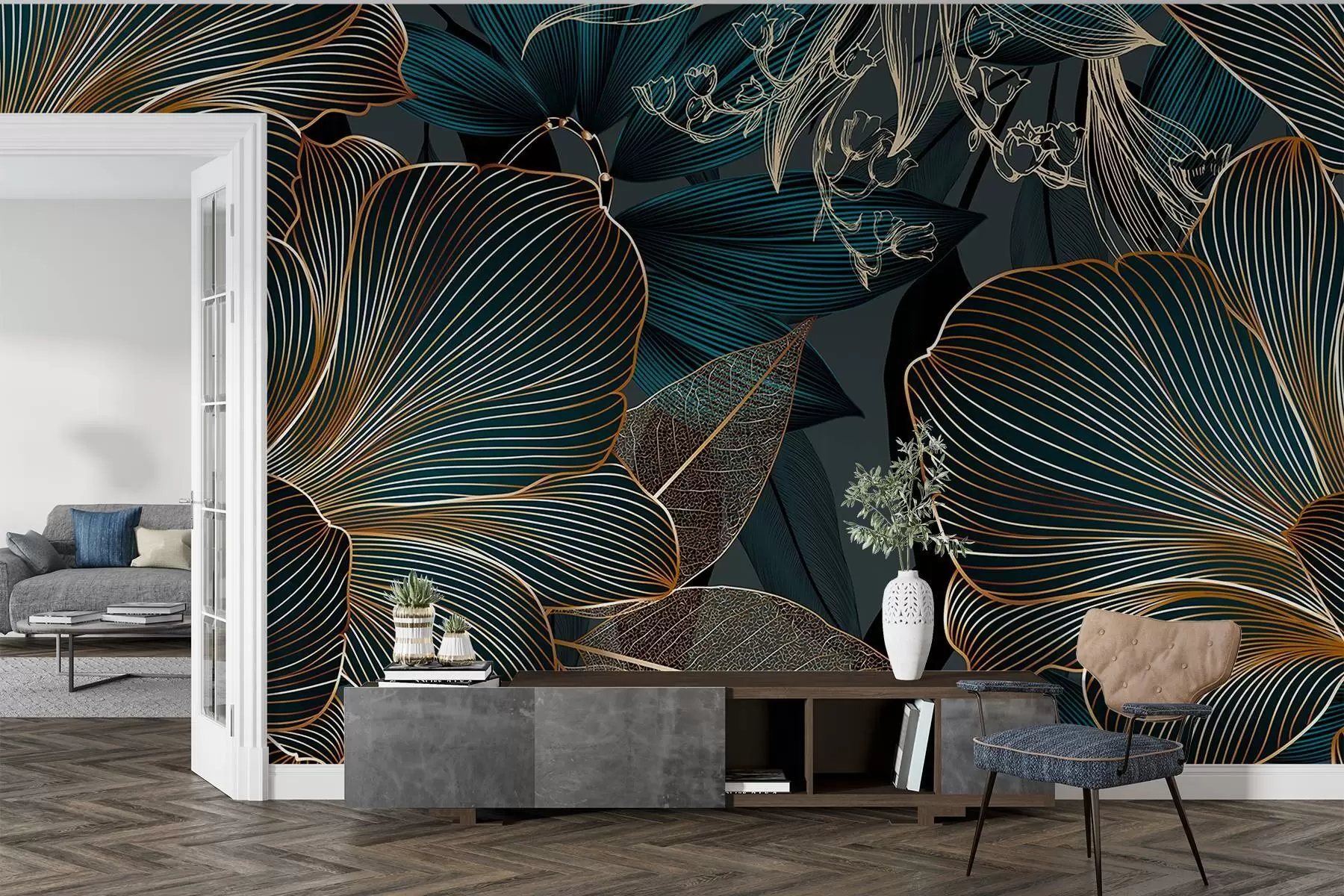 wall murals Stylized flowers and leaves with intricate line work in shades of teal and yellow on dark background w08675