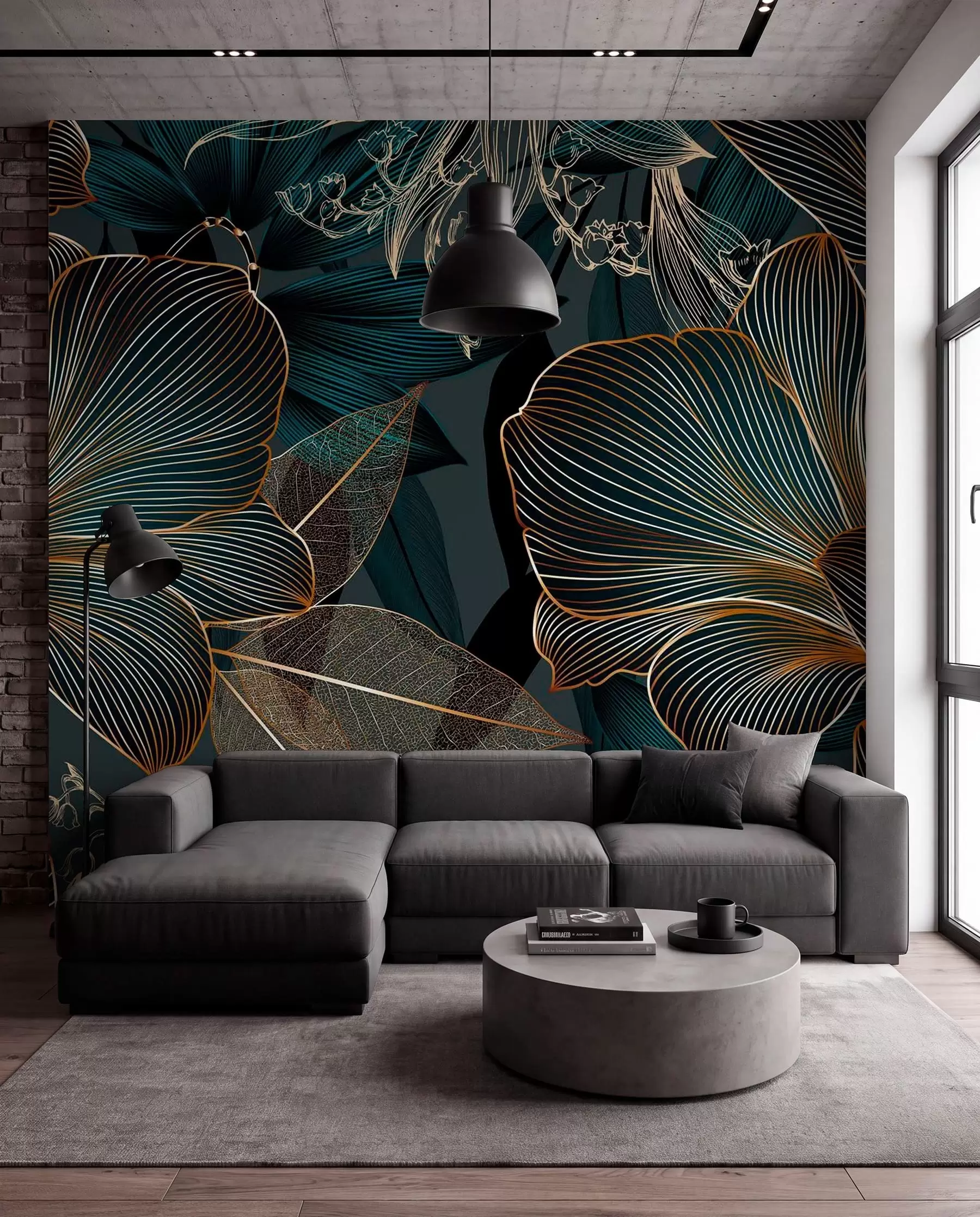 Wall Mural Photo Wallpaper Stylized flowers and leaves with intricate line work in shades of teal and yellow on dark background w08675