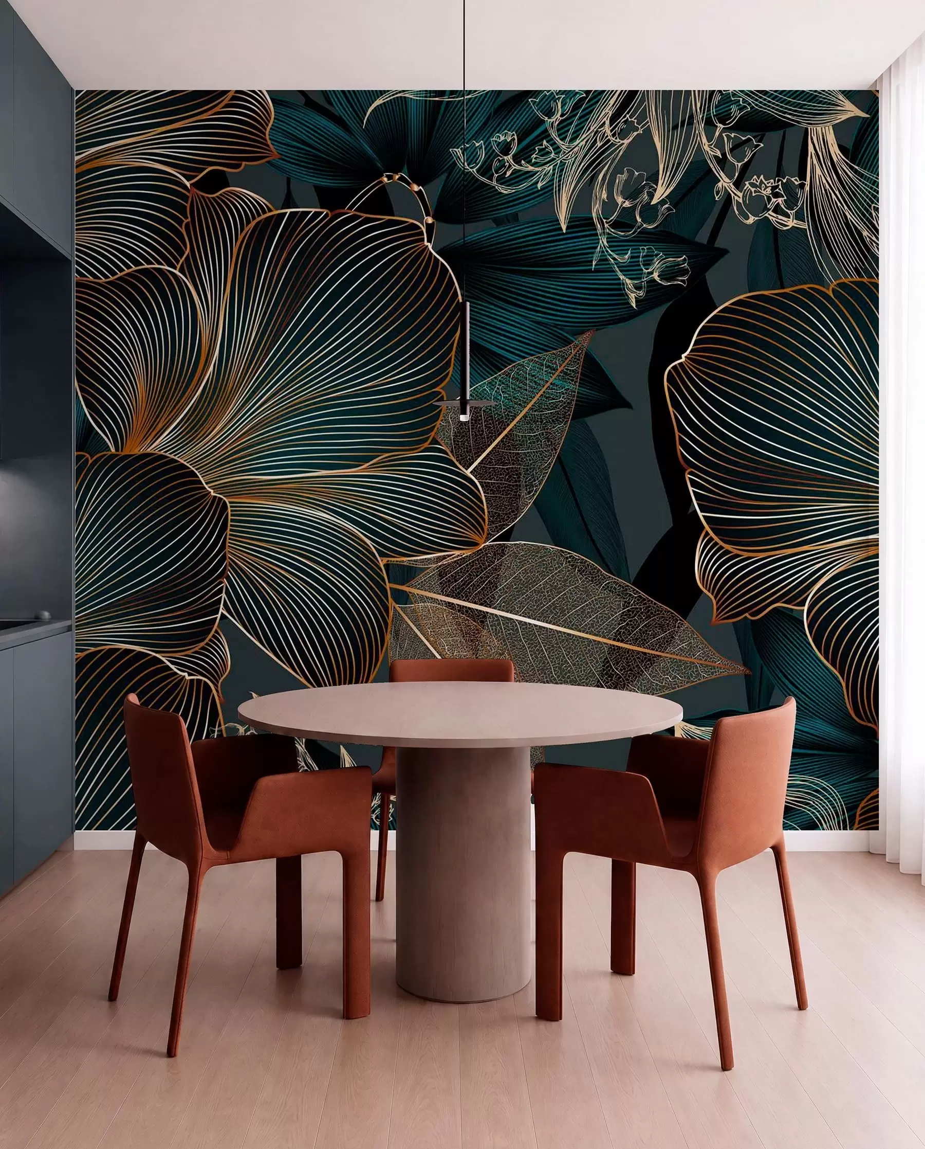 wall murals Stylized flowers and leaves with intricate line work in shades of teal and yellow on dark background w08675