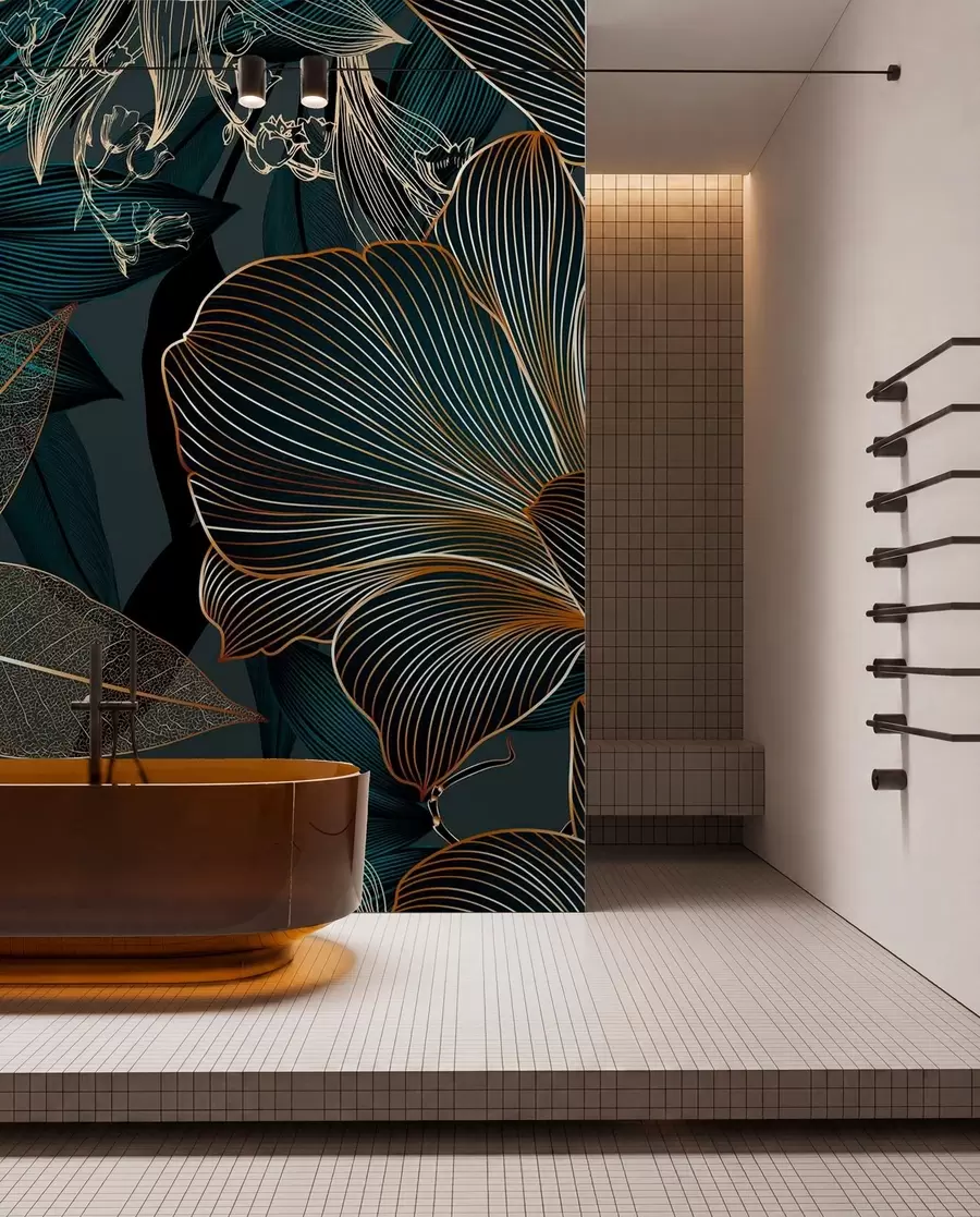wall murals Stylized flowers and leaves with intricate line work in shades of teal and yellow on dark background w08675
