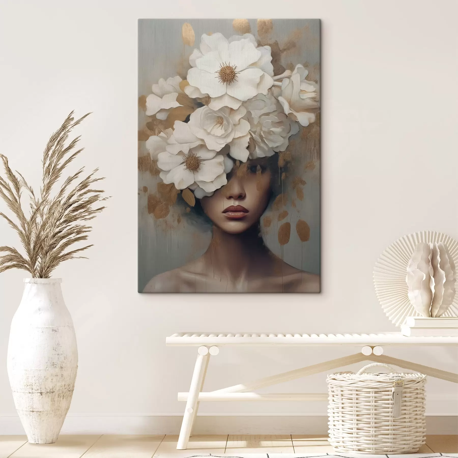 wall murals Portrait with white flowers s42664