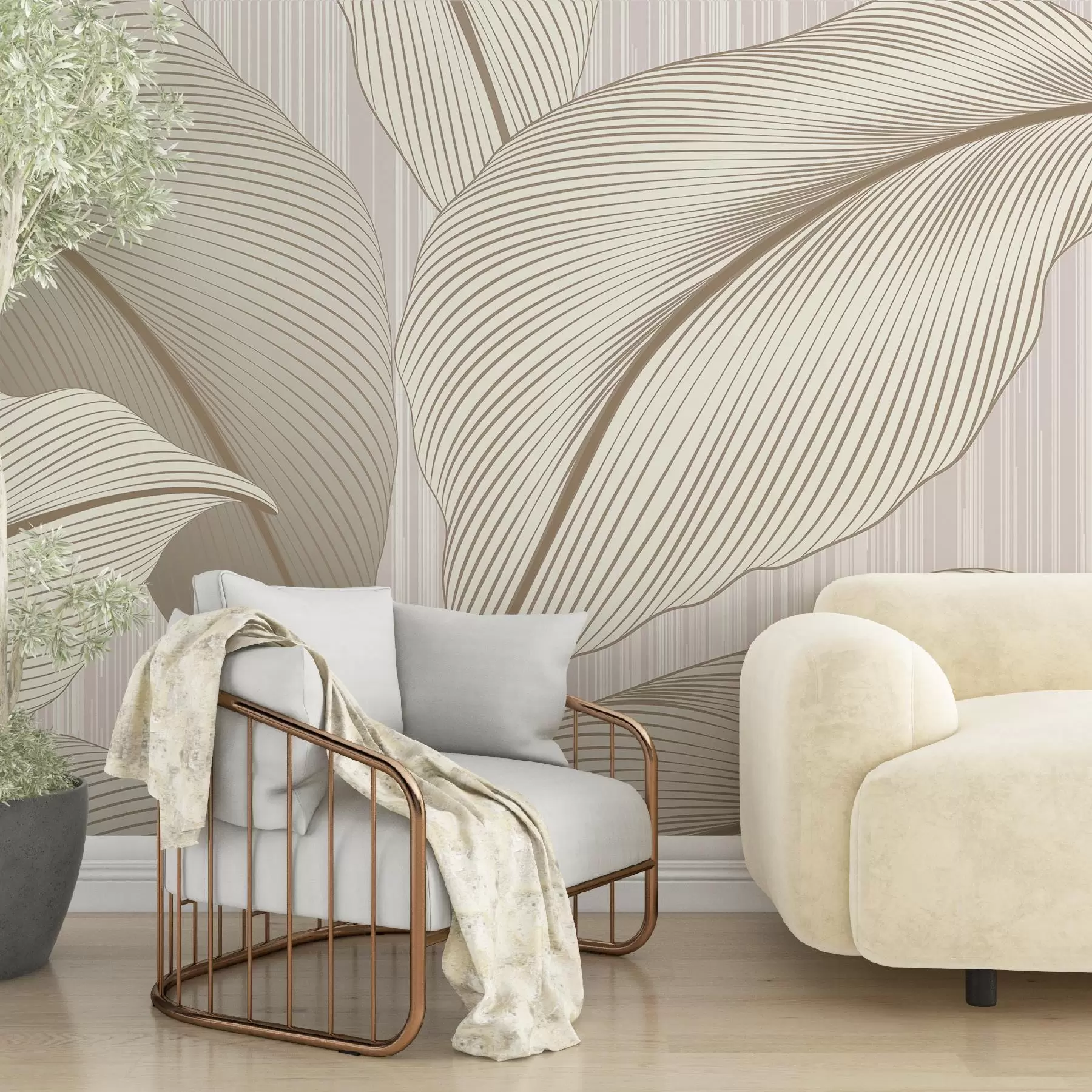 Wall Mural Photo Wallpaper Elegant pattern with large leaves in warm beige tones on a light background with subtle texture accents w08684v1