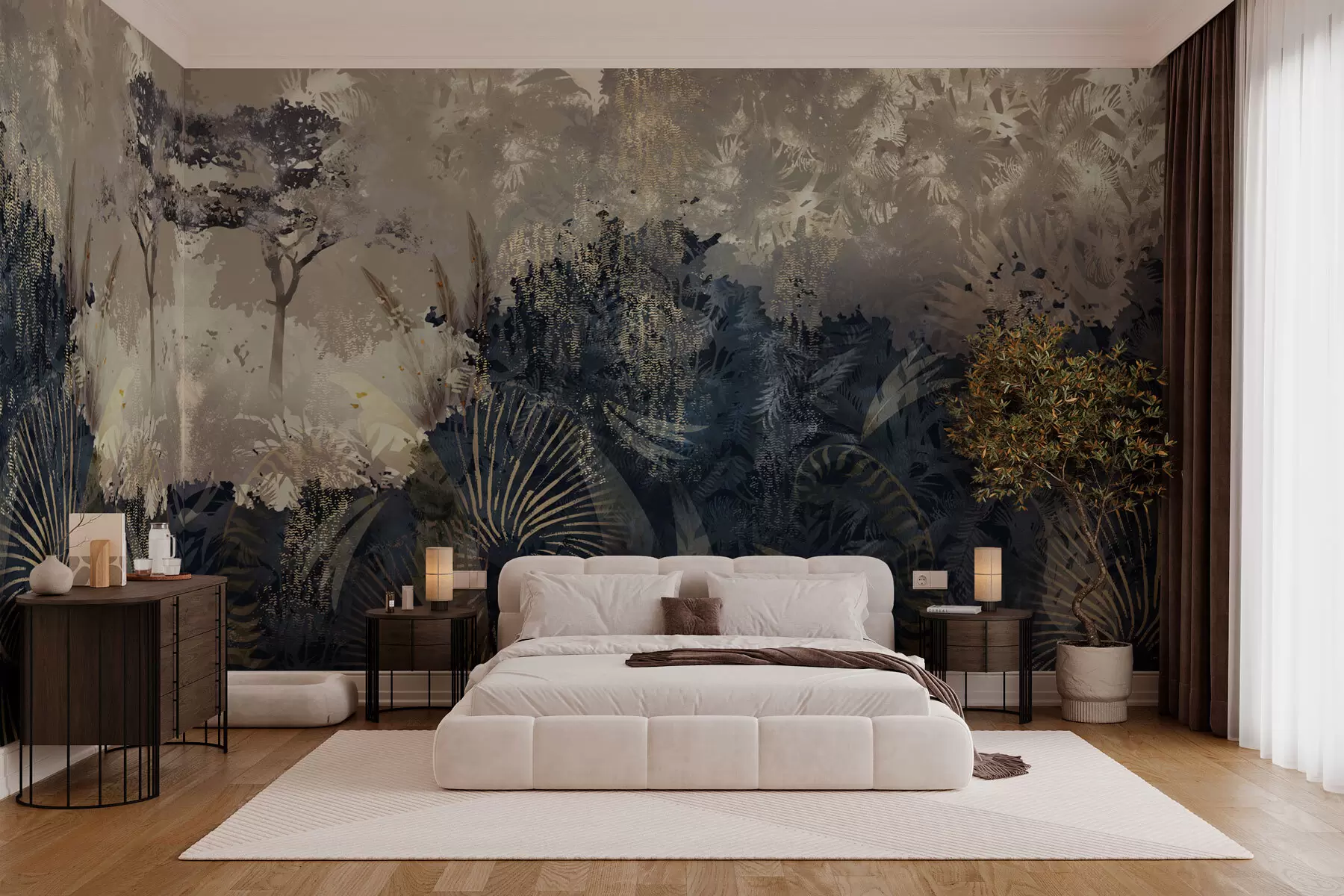 murales África mágica con selva tropical y elementos vectoriales con tinte marrón w02643v1