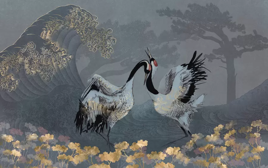 Wall Mural Photo Wallpaper Cranes, trees and waves with Chinese style elements w02747