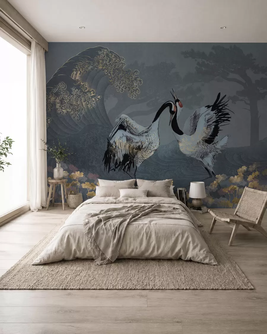 peintures murales Grues, arbres et vagues avec des éléments de style chinois w02747