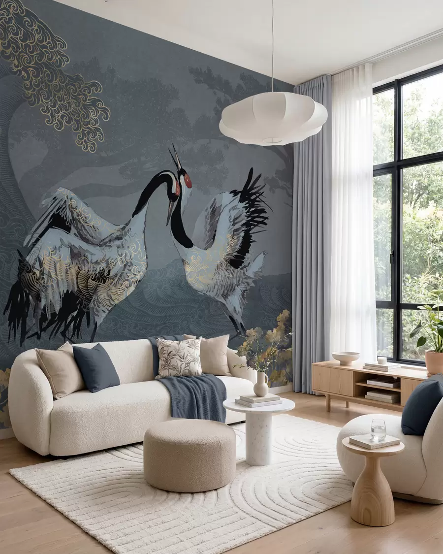 Wall Mural Photo Wallpaper Cranes, trees and waves with Chinese style elements w02747