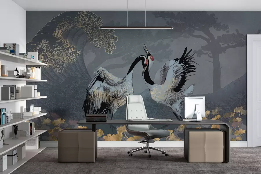 Wall Mural Photo Wallpaper Cranes, trees and waves with Chinese style elements w02747