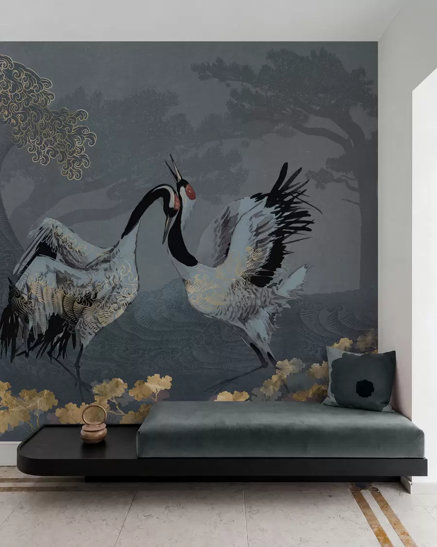peintures murales Grues, arbres et vagues avec des éléments de style chinois w02747