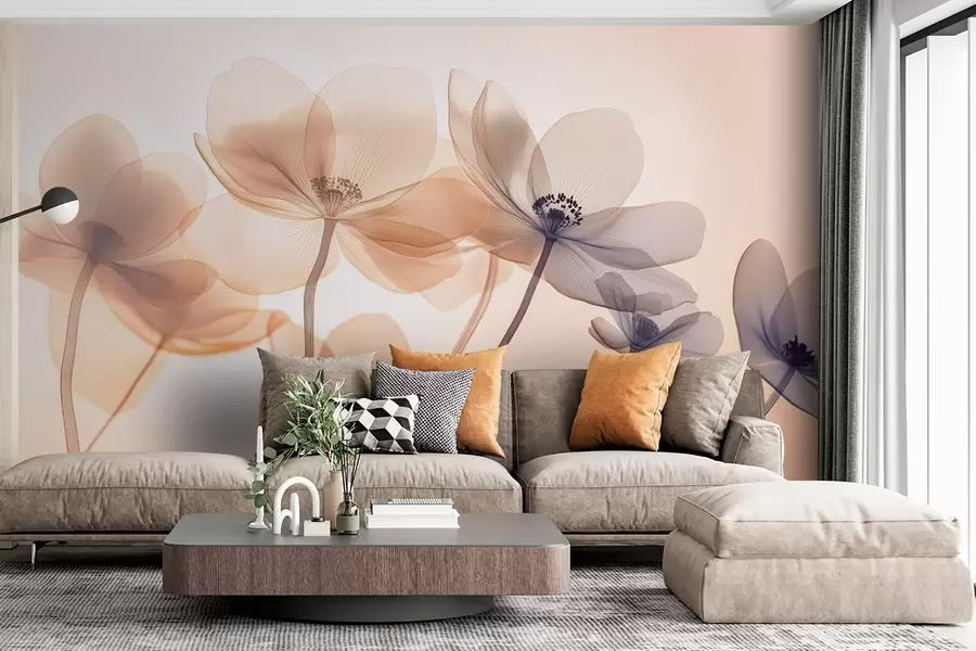 murais de parede Flores silvestres arejadas em tons de azul e laranja w08490v1