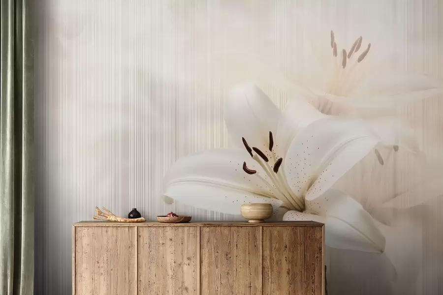 murales Delicados lirios beige sobre un fondo de rayas verticales w08676