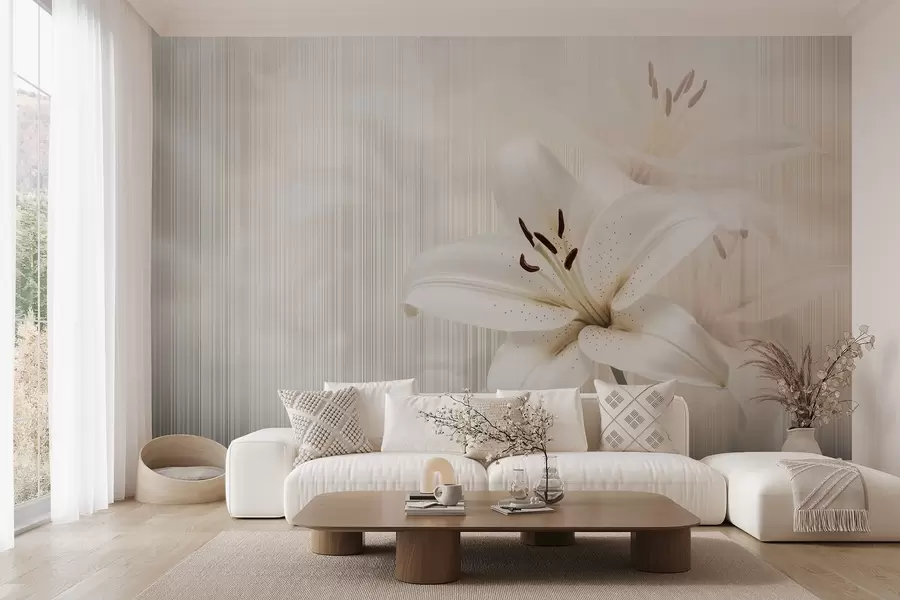 Wall Mural Photo Wallpaper Delicate beige lilies on a background of vertical stripes w08676