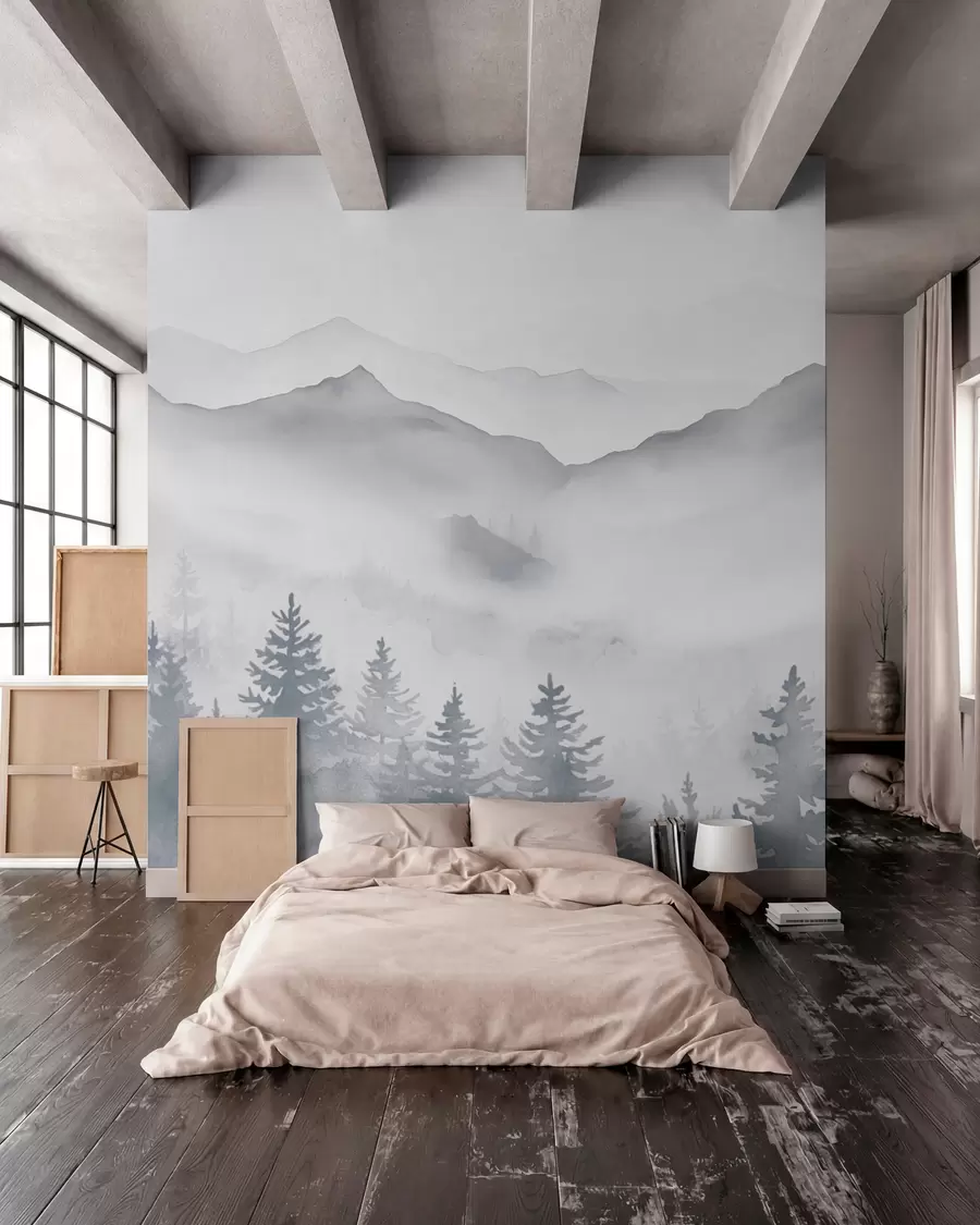 wall murals Serene mountain landscape with misty forests in soft gray and blue tones w08680