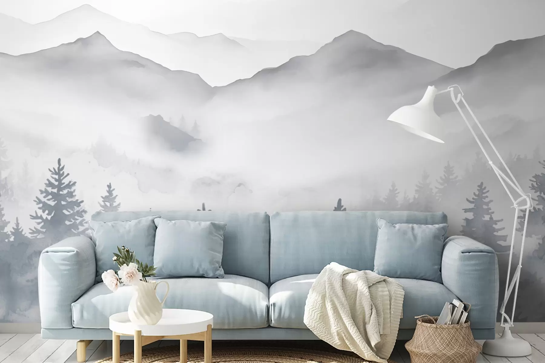 murais de parede Paisagem serena de montanha com florestas enevoadas em tons suaves de cinzento e azul w08680