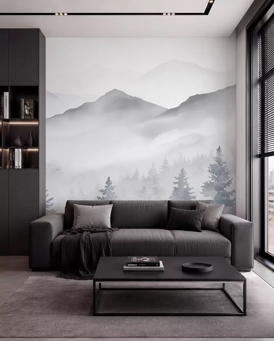 peintures murales Paysage de montagne serein avec des forêts brumeuses dans des tons gris et bleus doux w08680