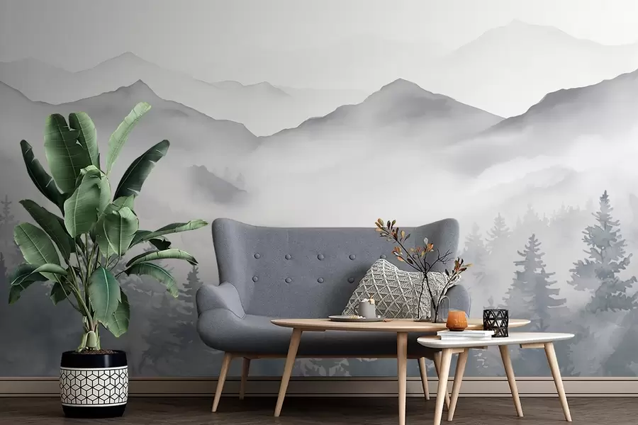 murales Sereno paisaje de montaña con bosques brumosos en suaves tonos grises y azules w08680
