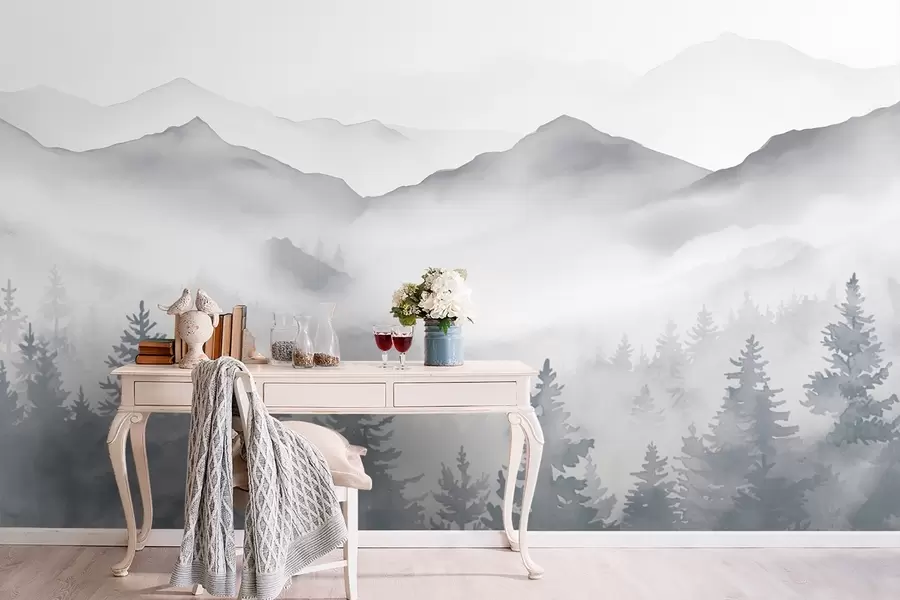 murales Sereno paisaje de montaña con bosques brumosos en suaves tonos grises y azules w08680
