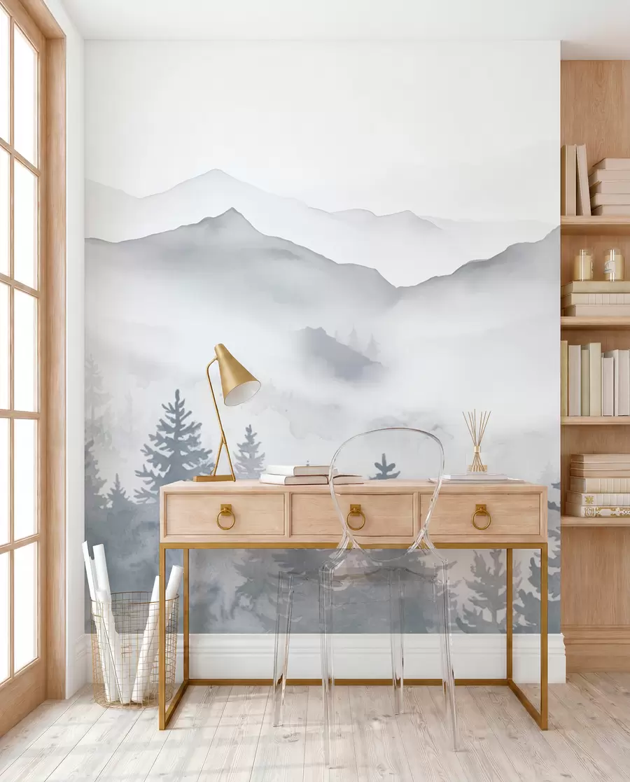 wall murals Serene mountain landscape with misty forests in soft gray and blue tones w08680