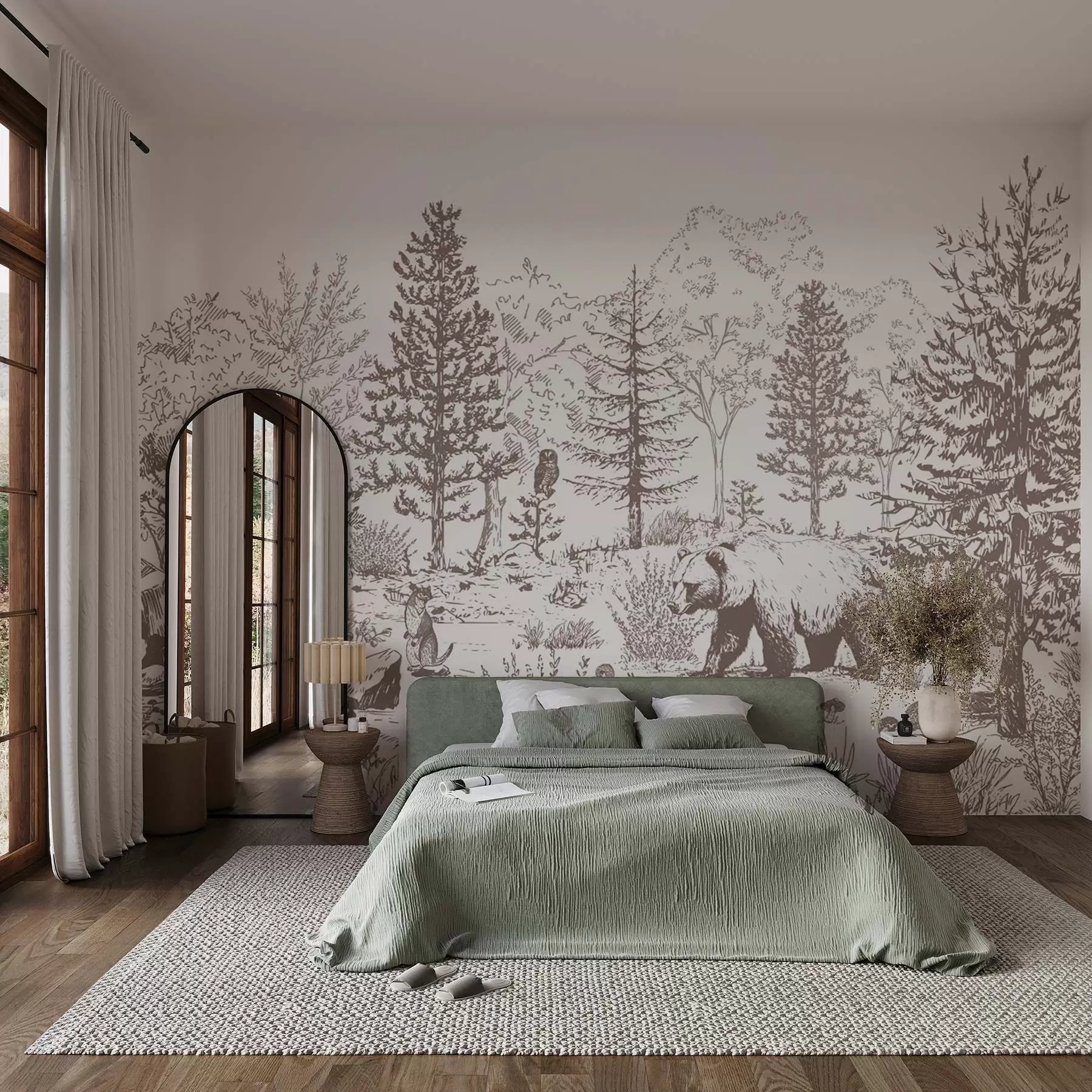 murales Vida en el bosque, árboles, animales salvajes, oso, zorro, búho, arbustos, dibujo a lápiz, colores beige w02929