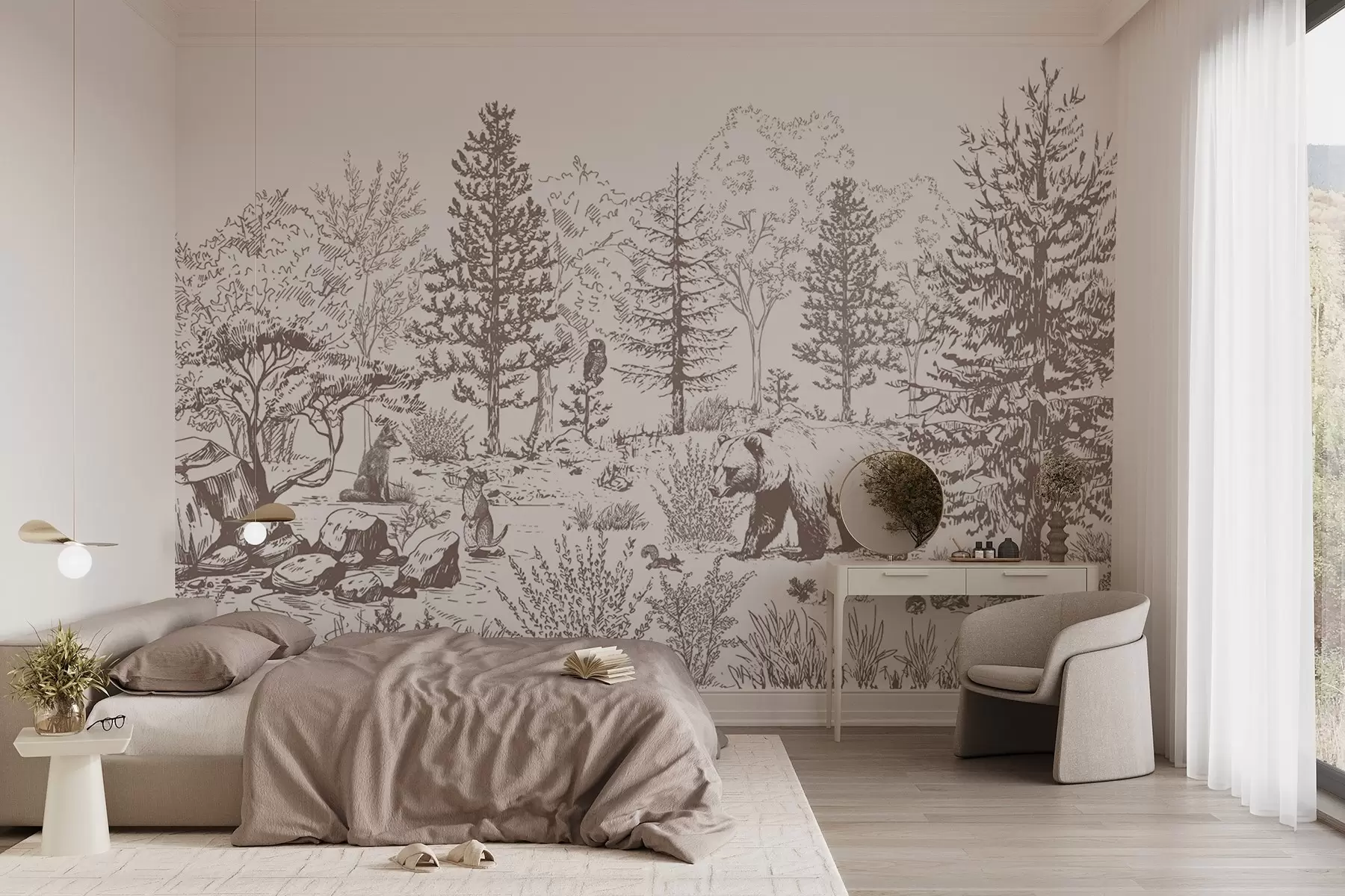 Wall Mural Photo Wallpaper Forest life, trees, wild animals, bear, fox, owl, bushes, pencil style drawing, beige colors w02929