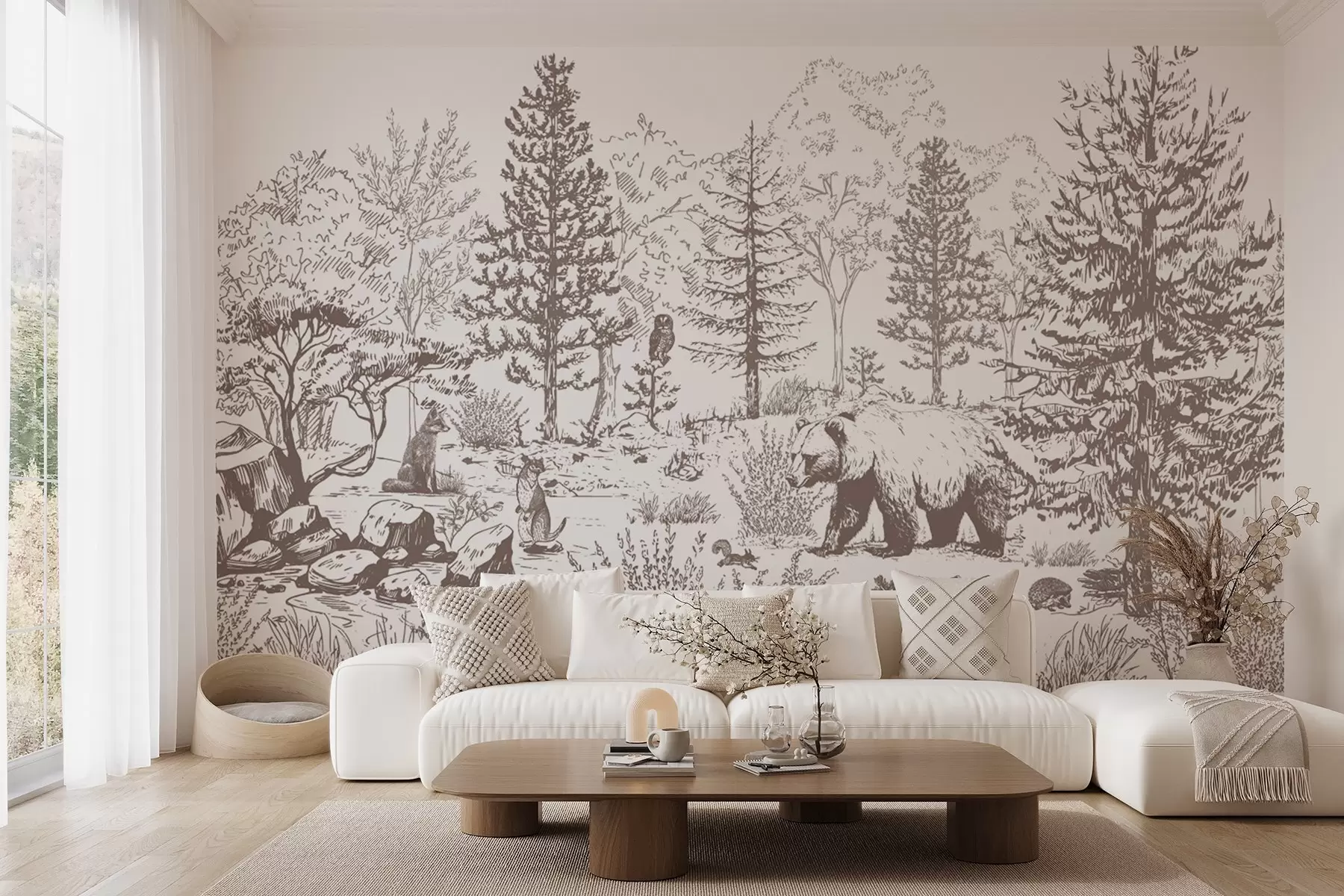 Wall Mural Photo Wallpaper Forest life, trees, wild animals, bear, fox, owl, bushes, pencil style drawing, beige colors w02929