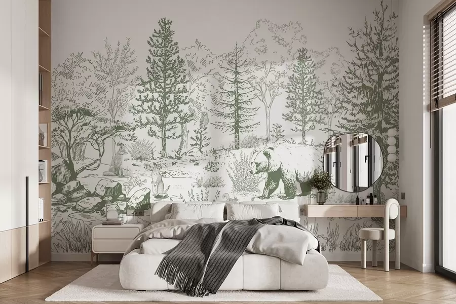 murales Vida en el bosque, árboles, animales salvajes, oso, zorro, búho, arbustos, dibujo a lápiz, colores verdes w02929v2