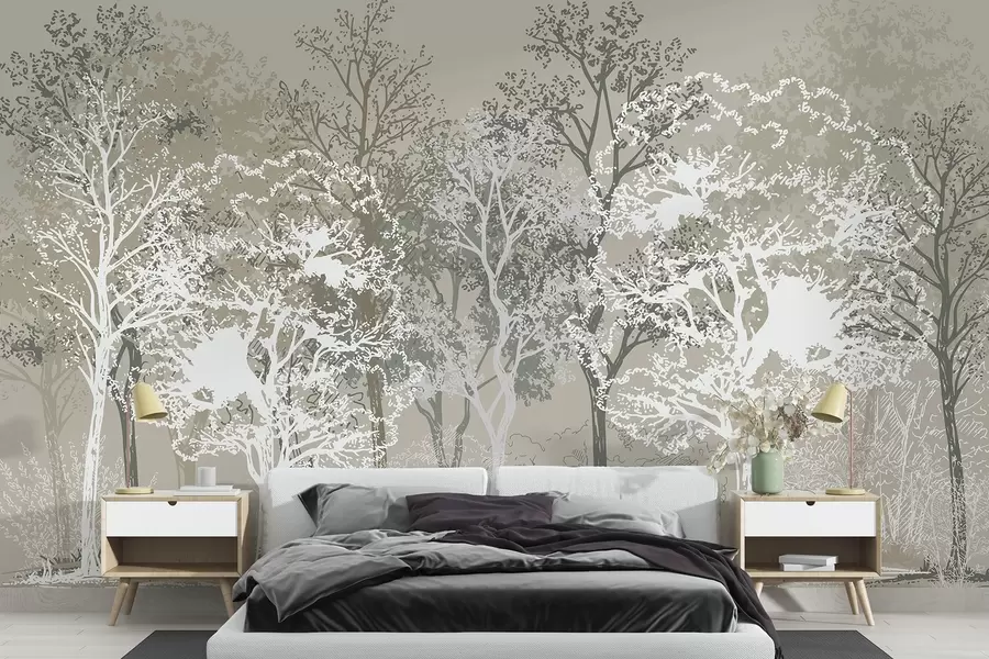 murales Árboles en el bosque, minimalismo, naturaleza, paleta de colores verdes w02930v1