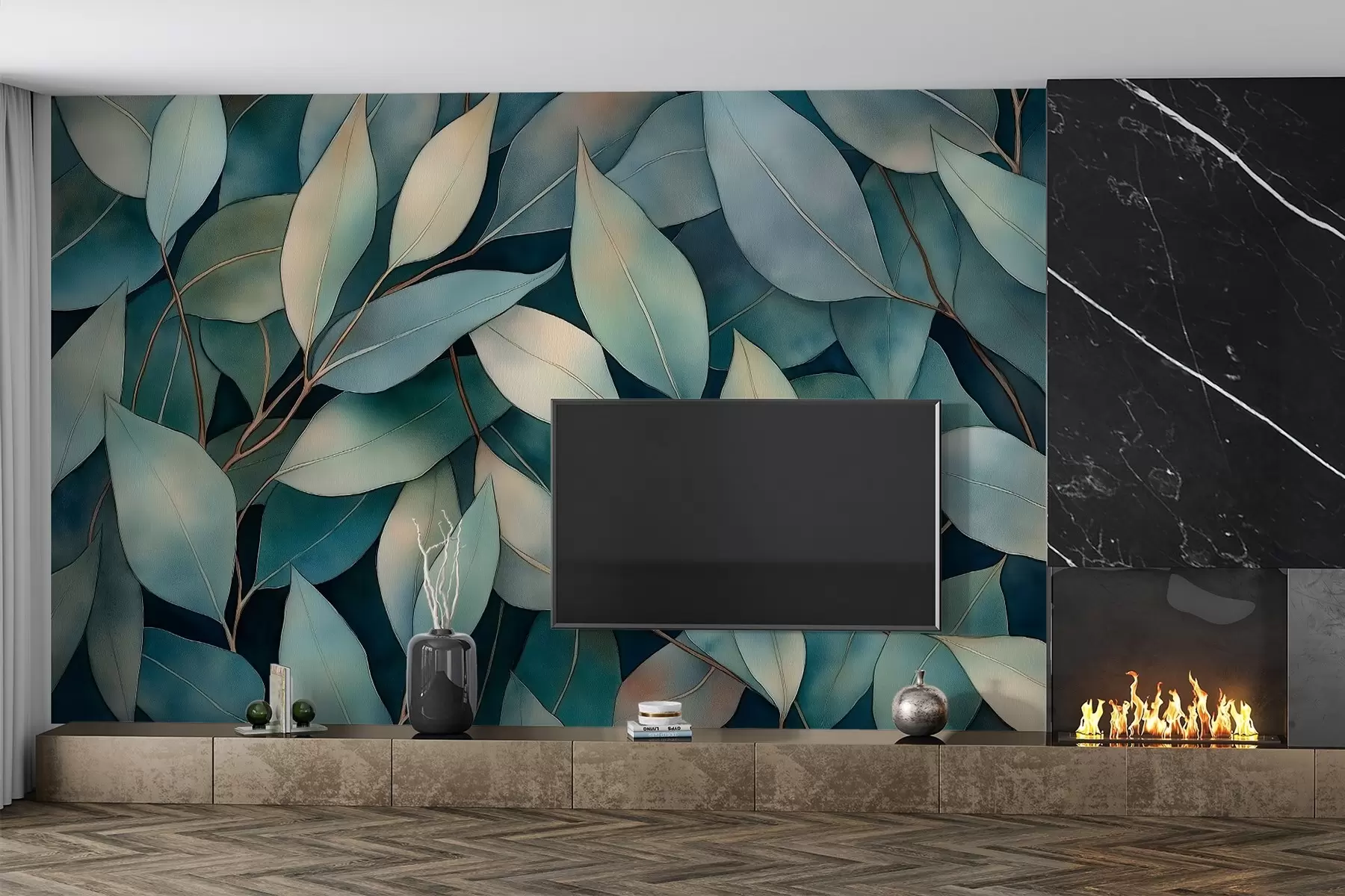 murais de parede Folhas de eucalipto, desenho em aguarela, padrão floral, cores verdes w02931