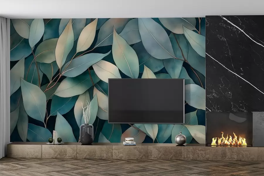 Wall Mural Photo Wallpaper Eucalyptus leaves, watercolor style drawing, floral pattern, green colors w02931