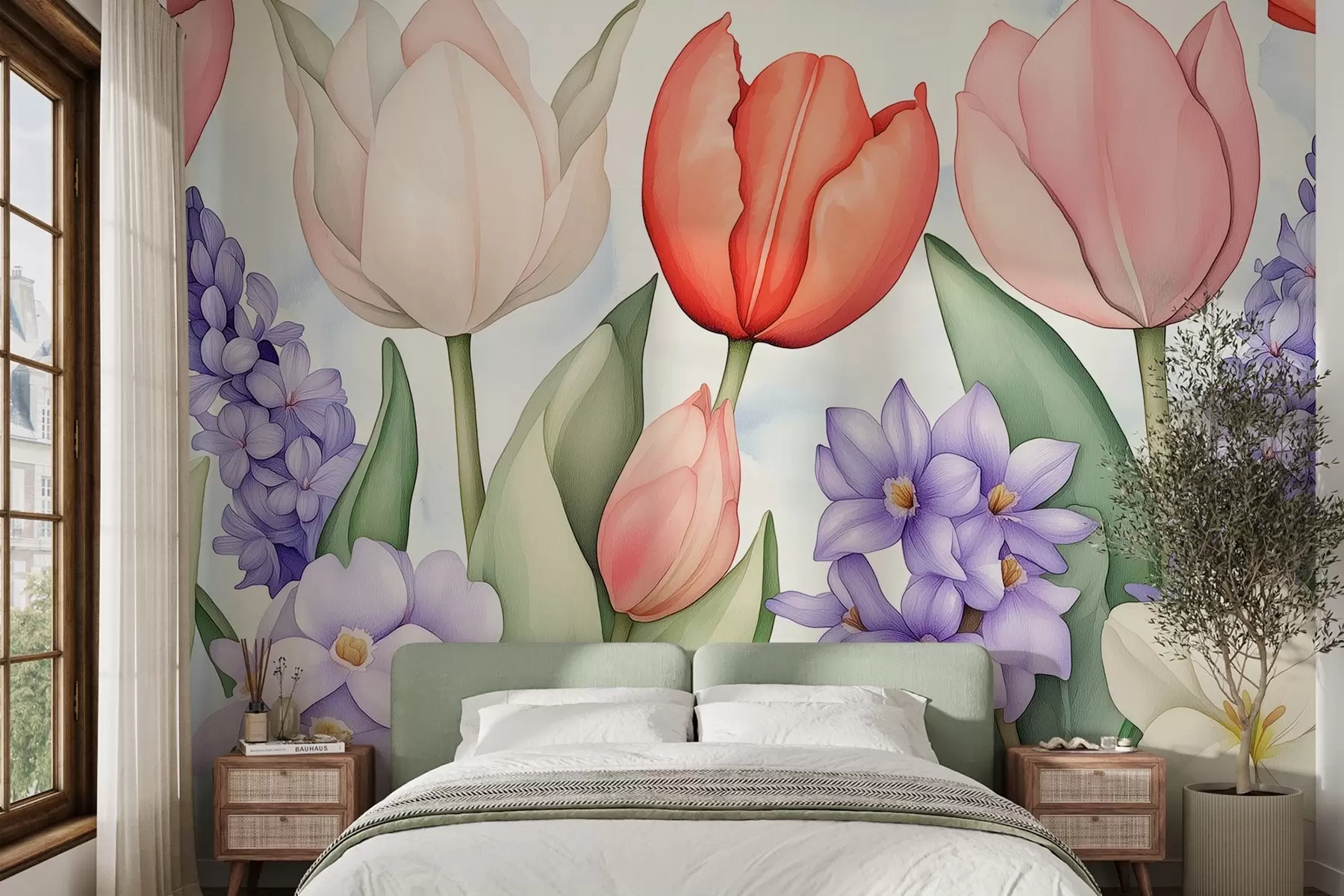 murais de parede Flores da primavera, tulipas, jacinto, desenho a aguarela, floral w02940
