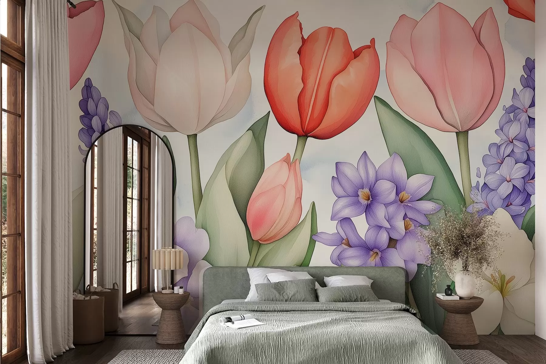 murais de parede Flores da primavera, tulipas, jacinto, desenho a aguarela, floral w02940