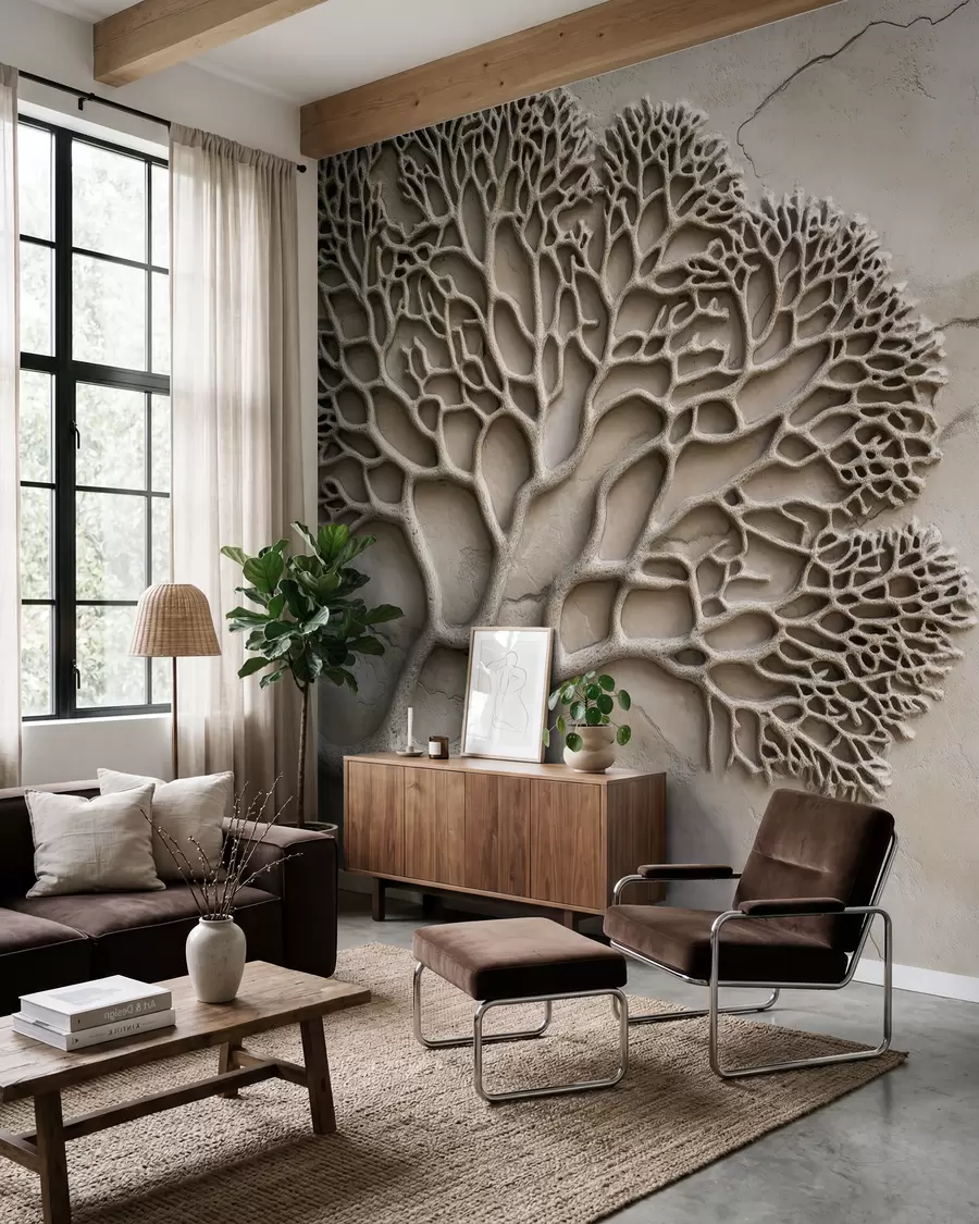wall murals Wallpaper in relief style with wood and cracks w02908